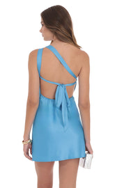 Satin One Shoulder Open Back Dress in Sky Blue